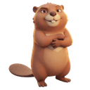 Theo the beaver leaning casually with arms crossed