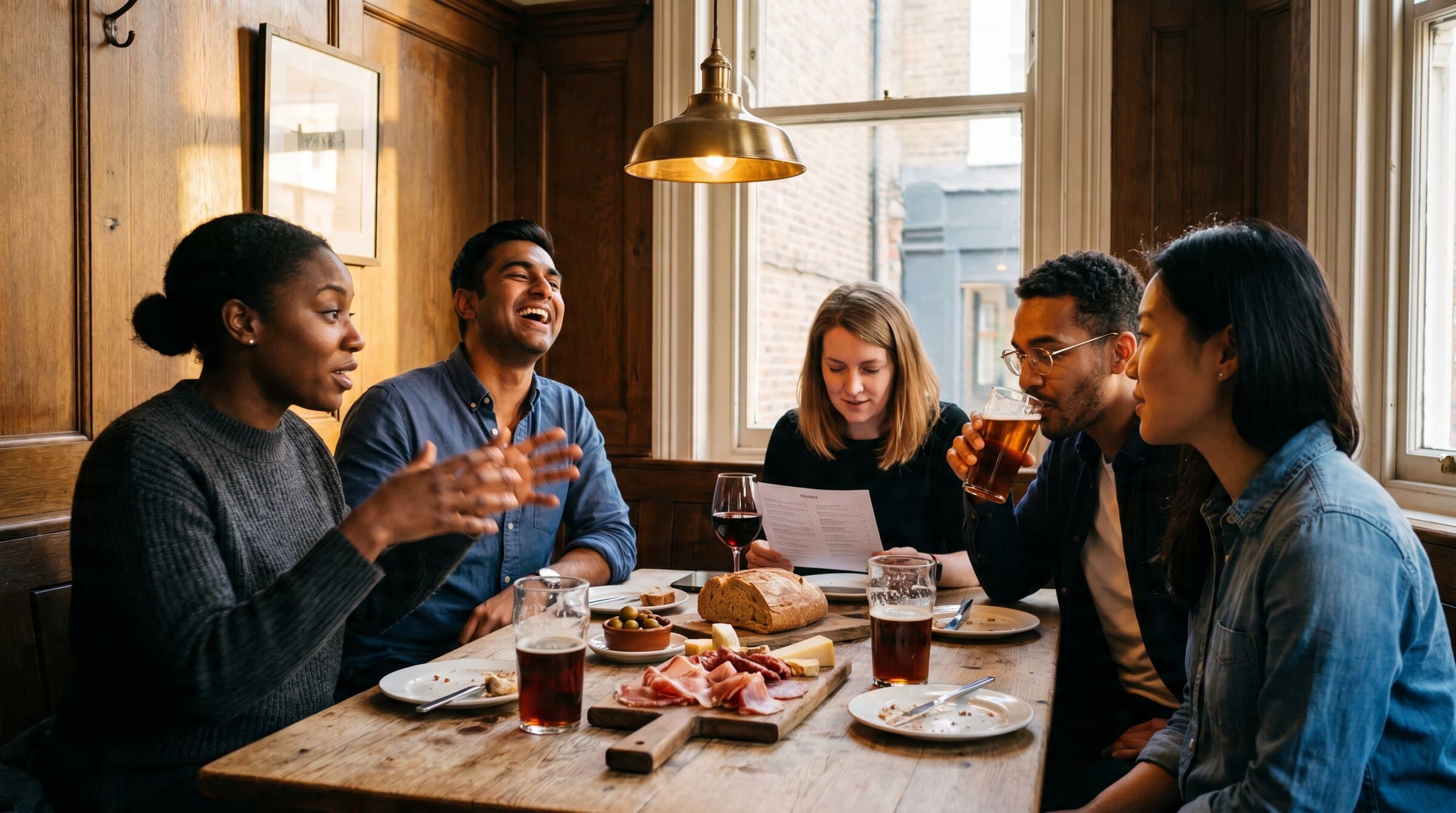 A diverse group of friends mid-conversation around a wooden table in a London gastropub on a Friday evening