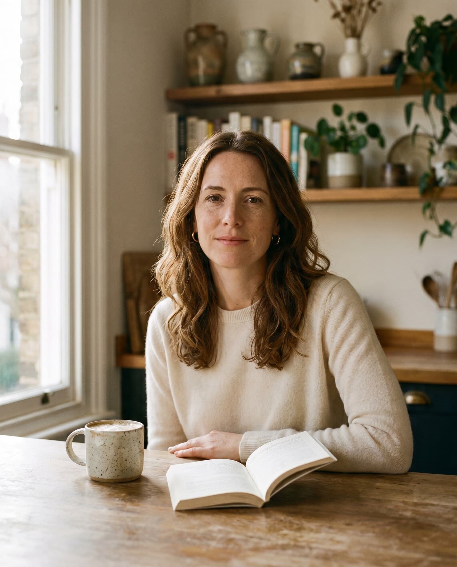 A young brown-haired professional thoughtfully reviewing her finances at a sunlit kitchen table — for UK earners over £100k