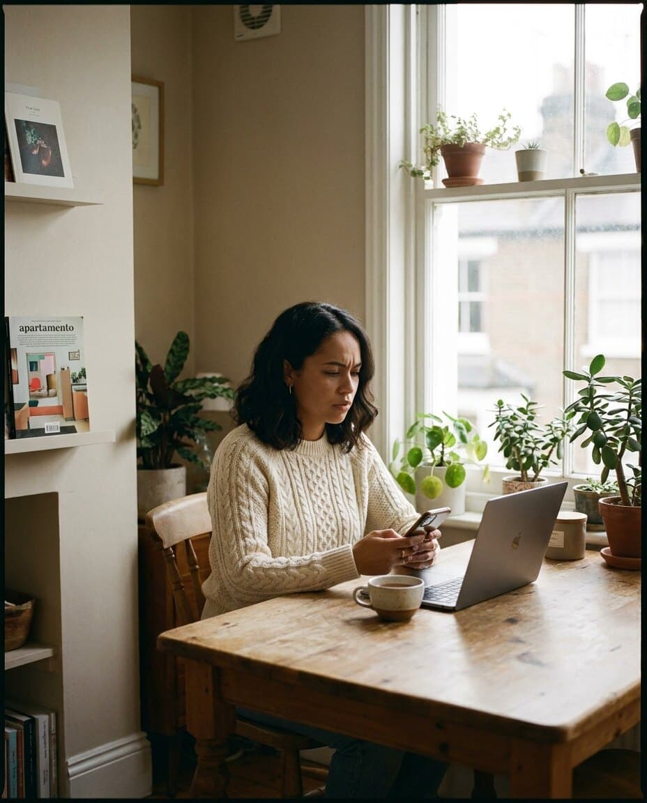 A young mixed-race woman at her sunlit kitchen table contemplating her banking app — for people with money sitting around