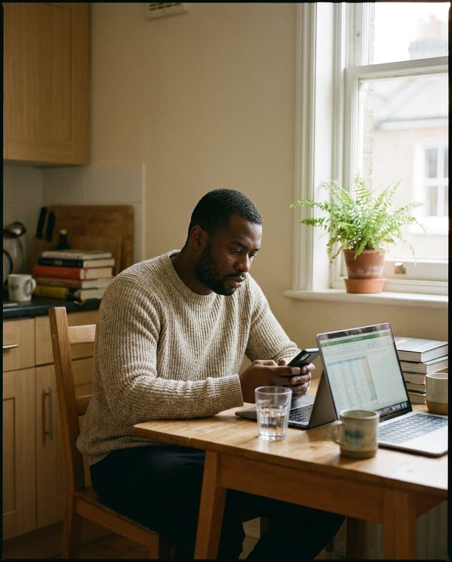 A young professional sitting at a kitchen table reviewing his bank statement, working through the question of where his money actually goes