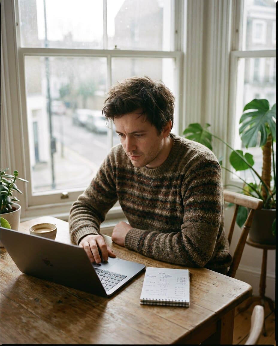 A young professional at a kitchen table looking at a laptop, working through his deposit savings plan
