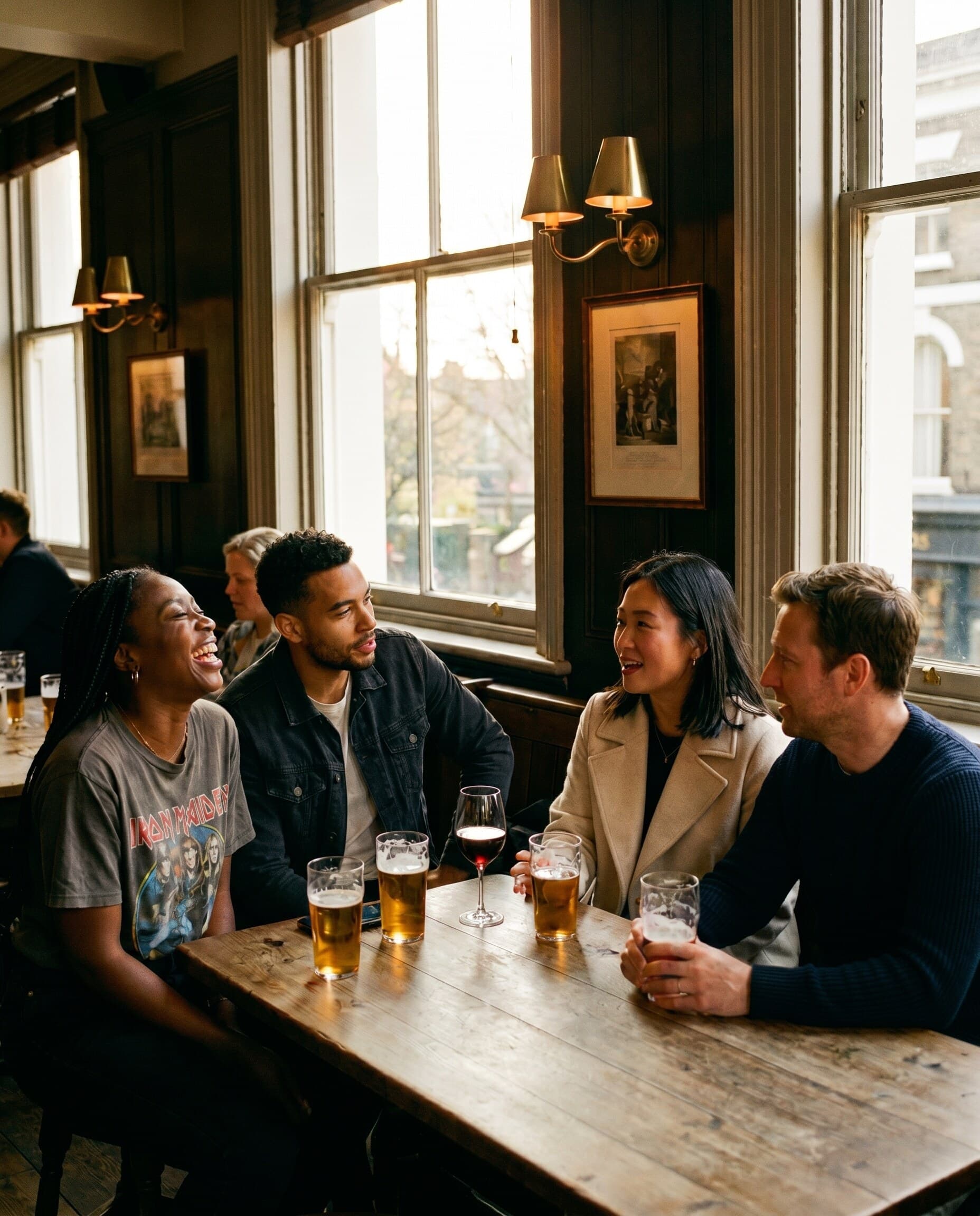 A group of friends mid-conversation at a London pub on a Friday evening — the kind of honest moment Theo is built around